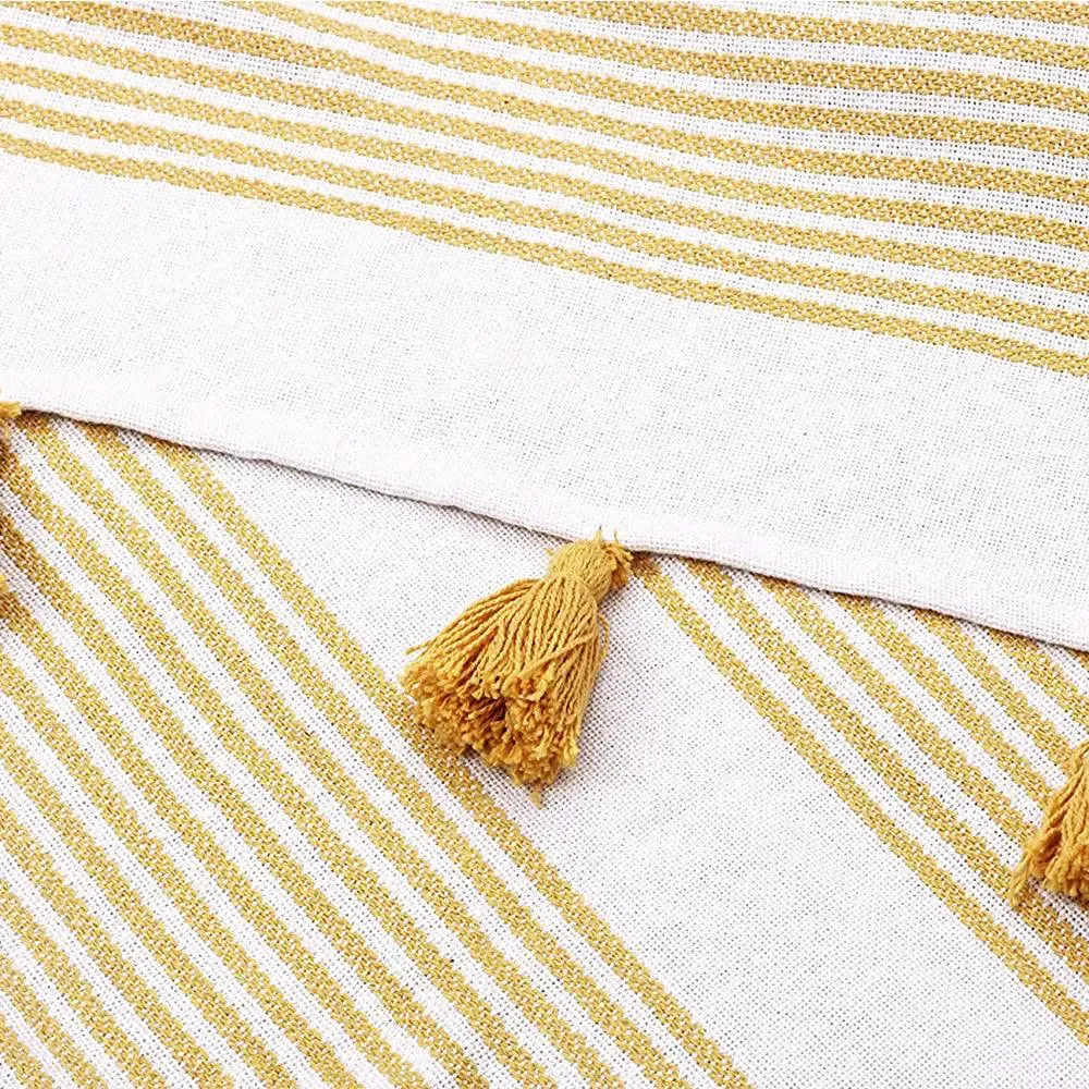 Yellow &amp; Grey Striped Tasseled Cotton Throw