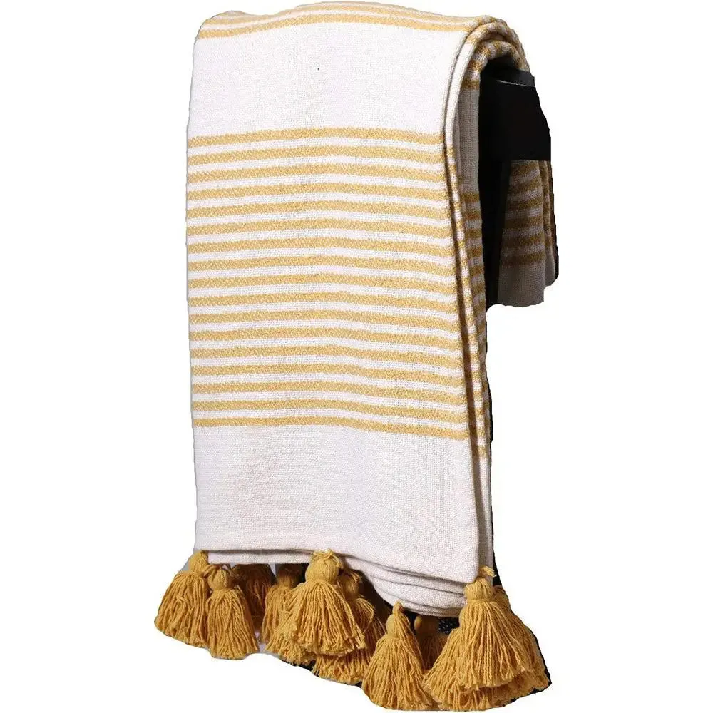 Yellow &amp; Grey Striped Tasseled Cotton Throw