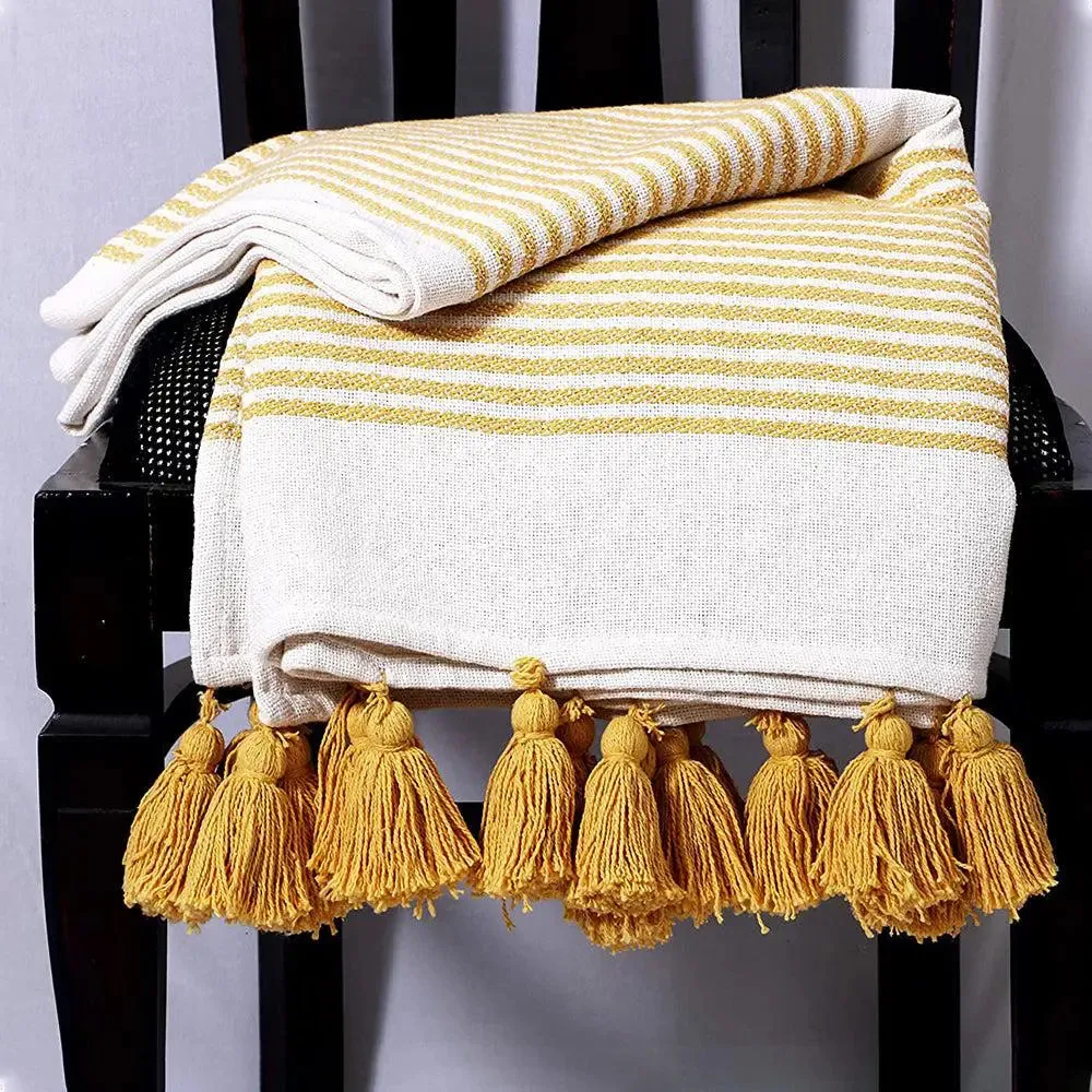 Yellow &amp; Grey Striped Tasseled Cotton Throw