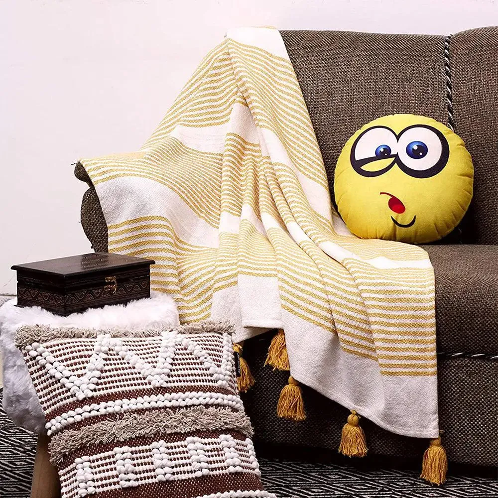 Yellow &amp; Grey Striped Tasseled Cotton Throw