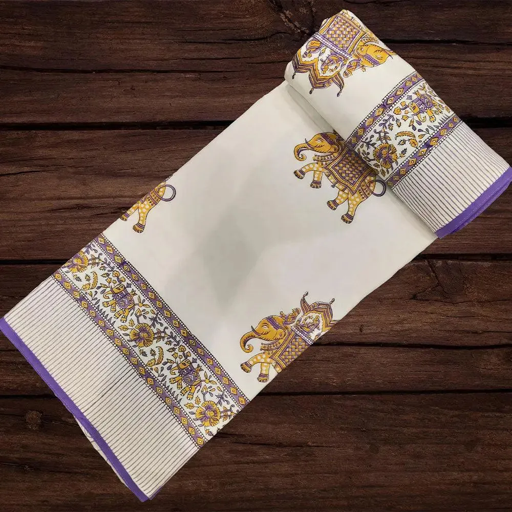 Yellow &amp; Lavender Elephant Hand Block Printed Single Bed Cotton Dohar