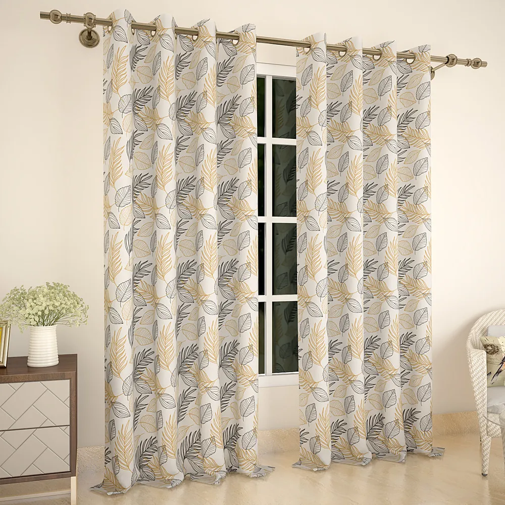 Yellow & Black Autumn Leaves Printed Designer Curtain 5 ft