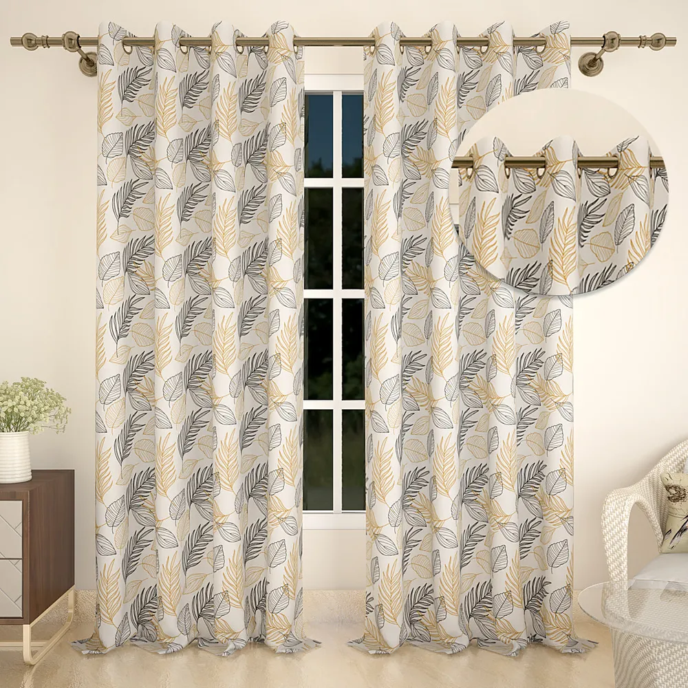Yellow & Black Autumn Leaves Printed Designer Curtain 5 ft