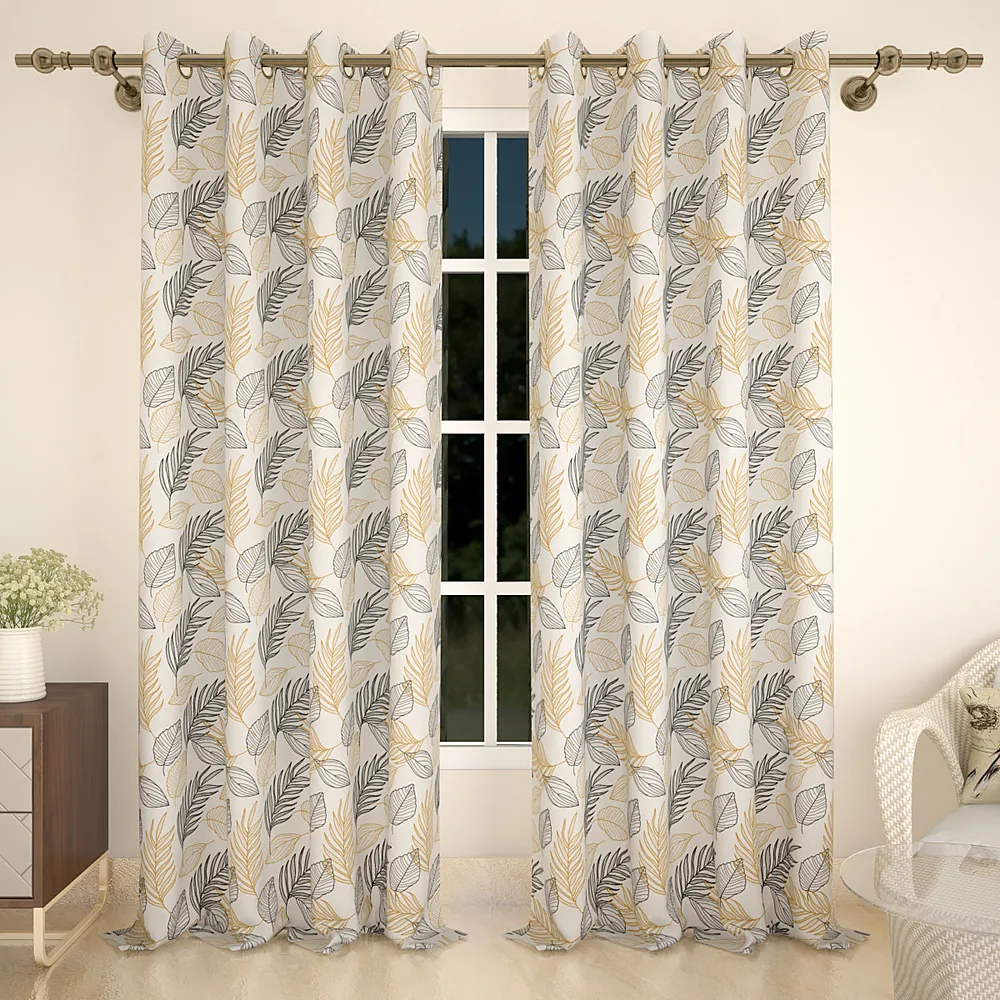 Yellow & Black Autumn Leaves Printed Designer Curtain 5 ft