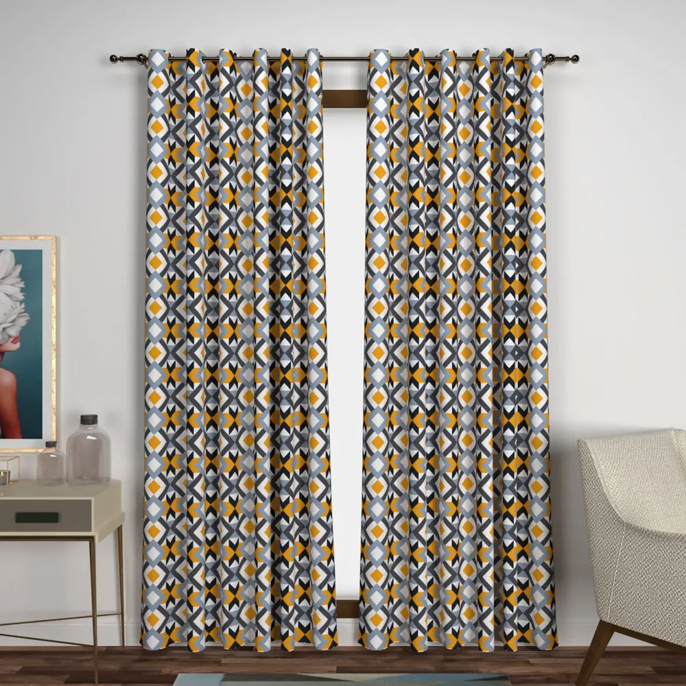 Yellow & Black Geometric Print Designer Door Curtain Medium Single Piece (7ft)