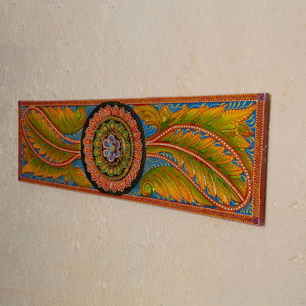 Yellow & Blue Traditional Designer Rectangular Painted Wooden Wall Panel
