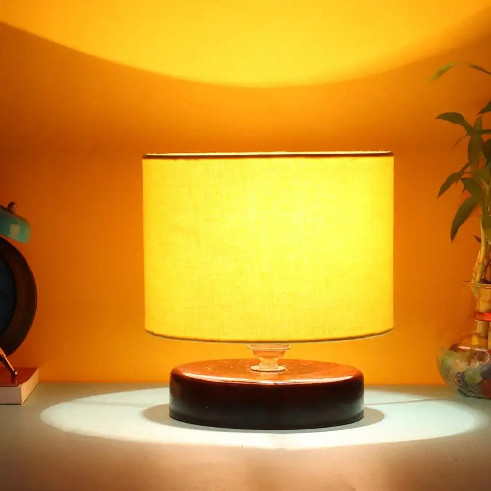 Yellow Cotton Table Lamp with Brown Wood Base