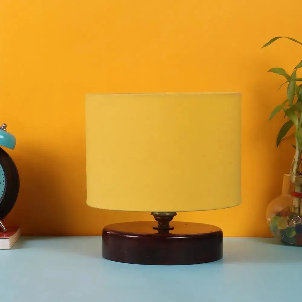 Yellow Cotton Table Lamp with Brown Wood Base
