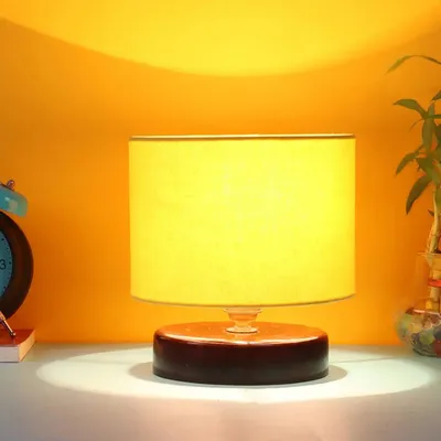 Yellow Cotton Table Lamp with Brown Wood Base