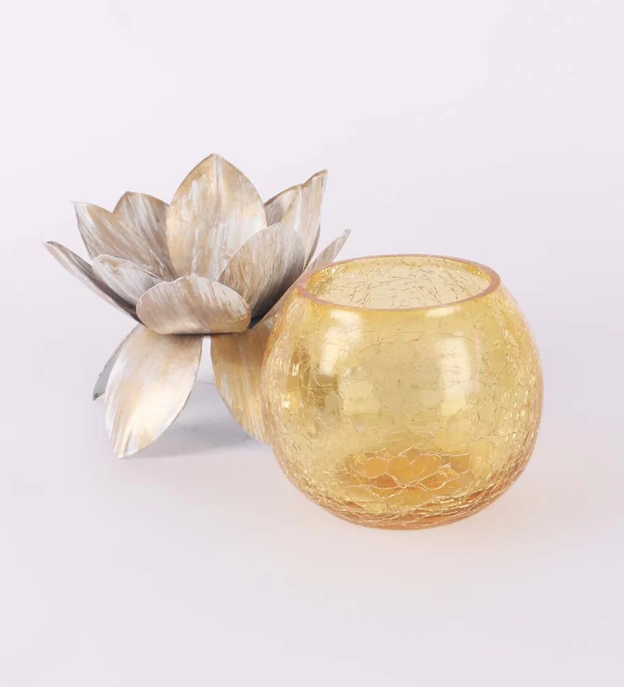 Yellow Crack Glass Lotus Tea Light Candle Holder