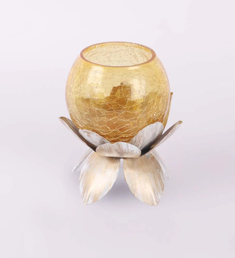 Yellow Crack Glass Lotus Tea Light Candle Holder