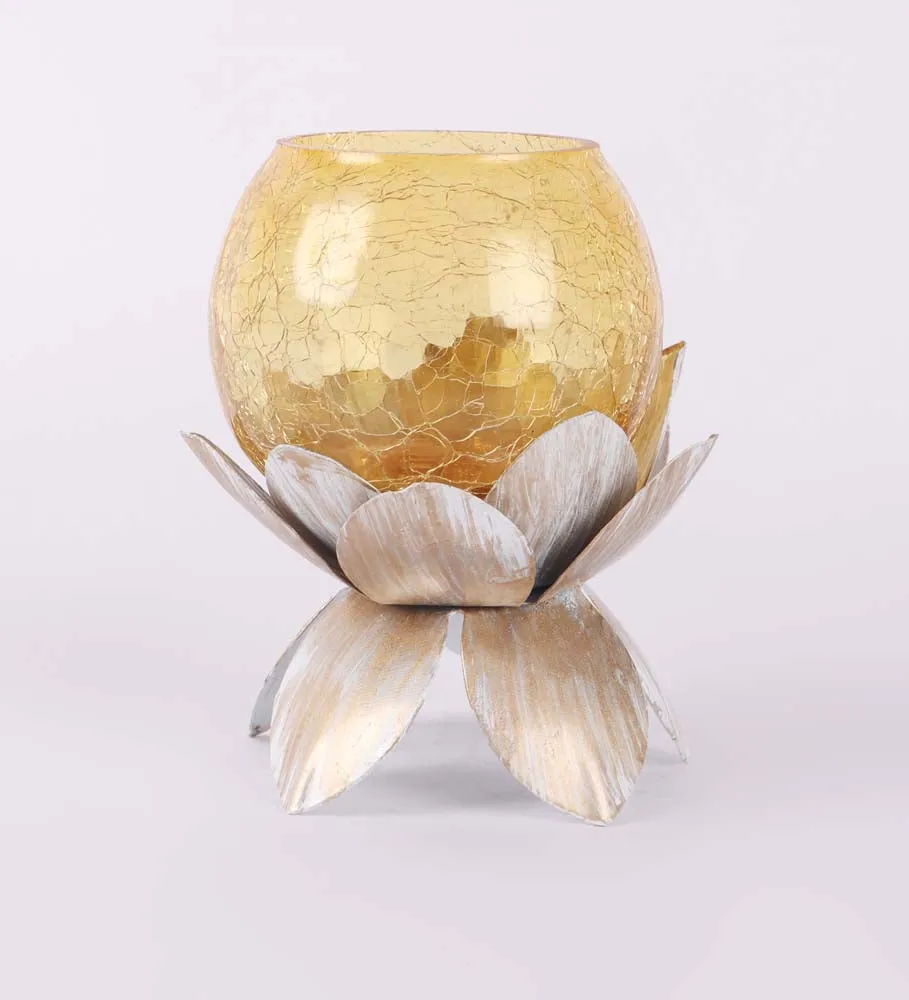 Yellow Crack Glass Lotus Tea Light Candle Holder