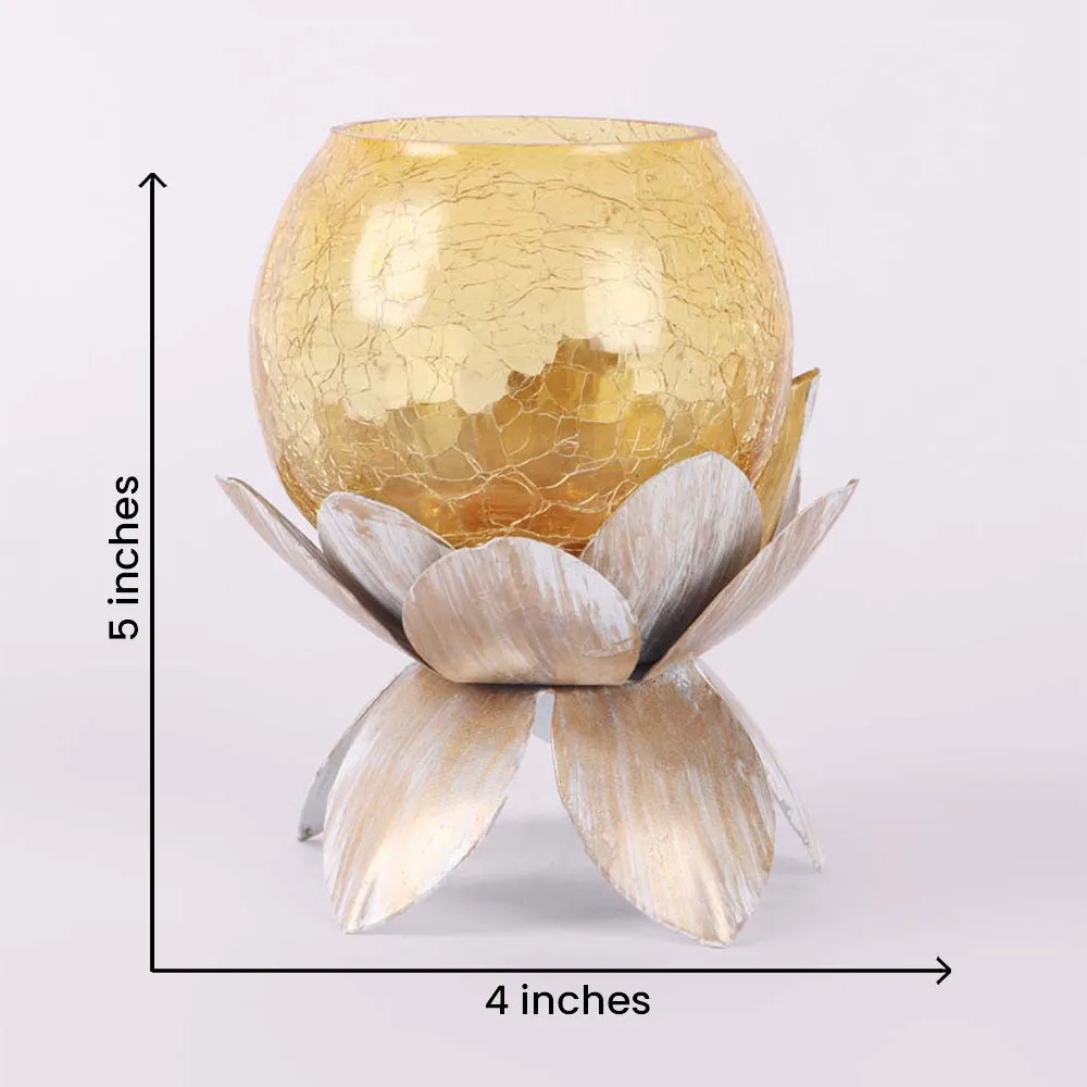 Yellow Crack Glass Lotus Tea Light Candle Holder