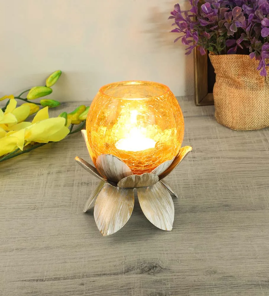 Yellow Crack Glass Lotus Tea Light Candle Holder