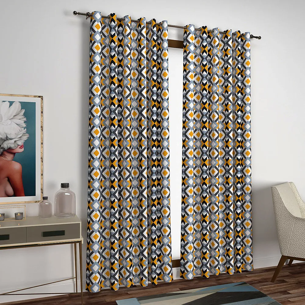 Yellow & Grey Geometric Print Designer Window Curtain