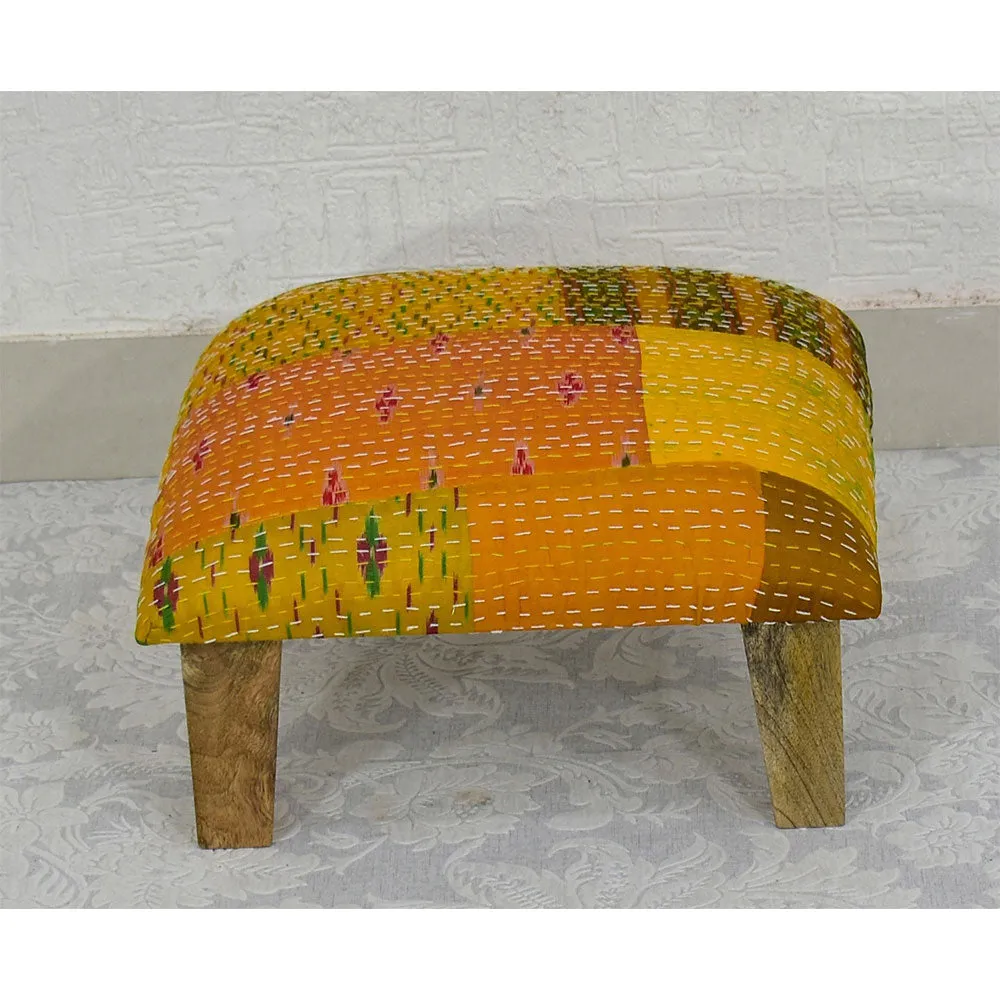 Yellow Kantha Gudri Patchwork Multipurpose Stool/Square Pouffe/Ottoman Single Piece