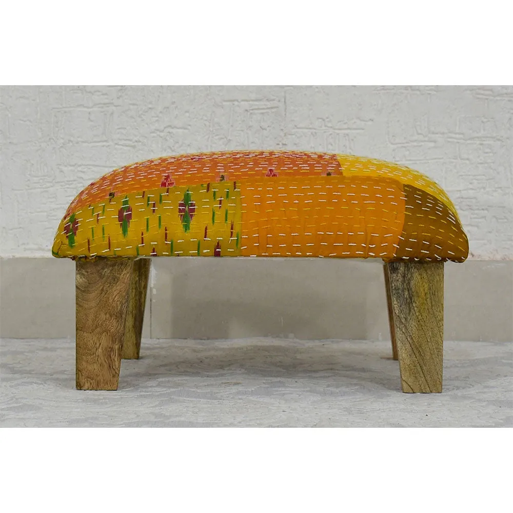 Yellow Kantha Gudri Patchwork Multipurpose Stool/Square Pouffe/Ottoman Single Piece