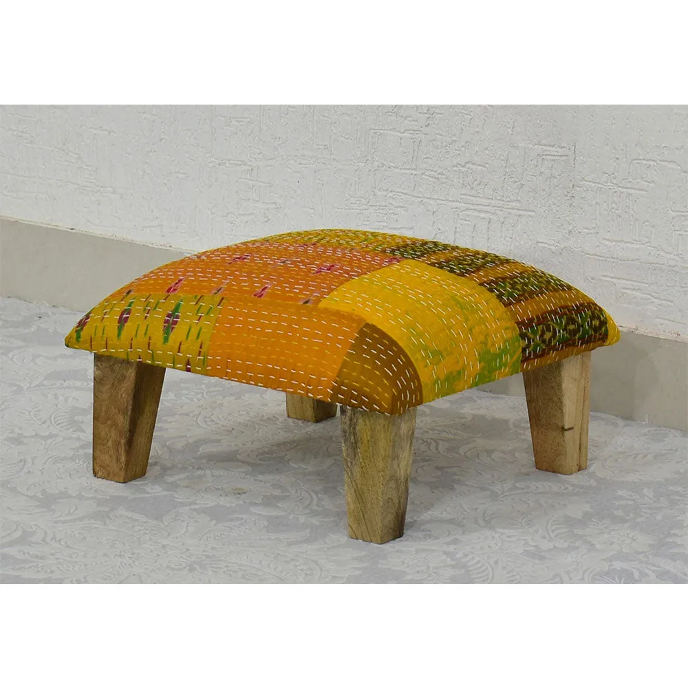 Yellow Kantha Gudri Patchwork Multipurpose Stool/Square Pouffe/Ottoman Single Piece