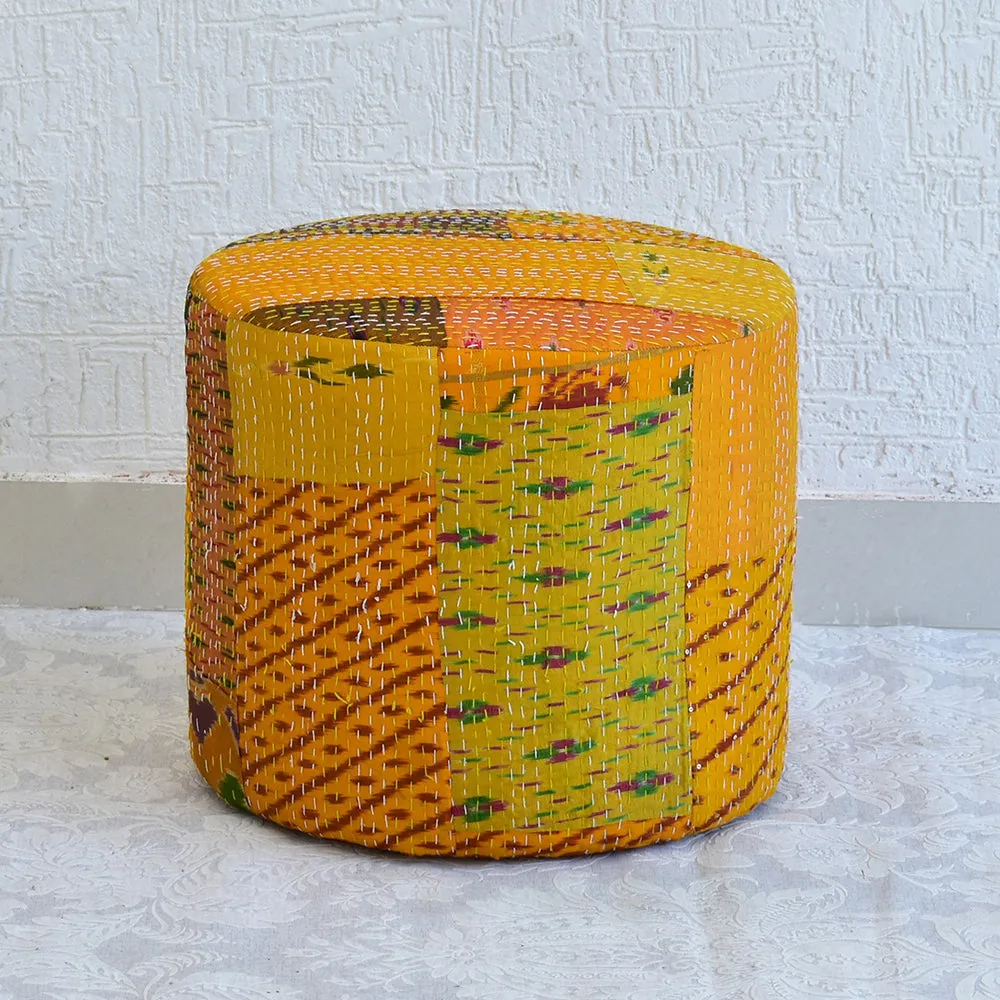 Yellow Kantha Gudri Patchwork Pouffe/Ottoman