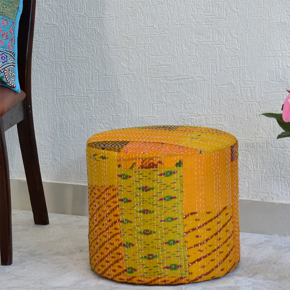 Yellow Kantha Gudri Patchwork Pouffe/Ottoman