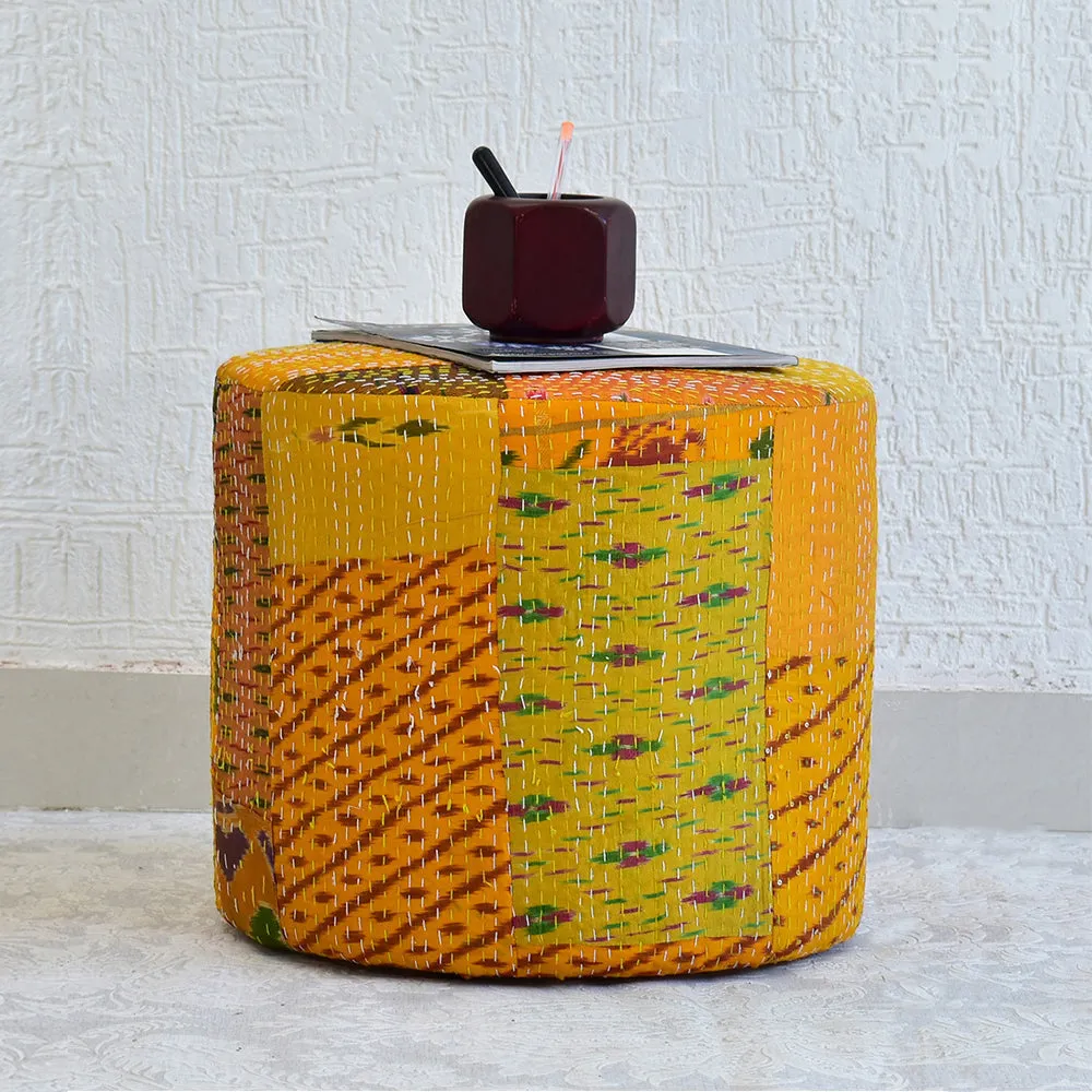 Yellow Kantha Gudri Patchwork Pouffe/Ottoman