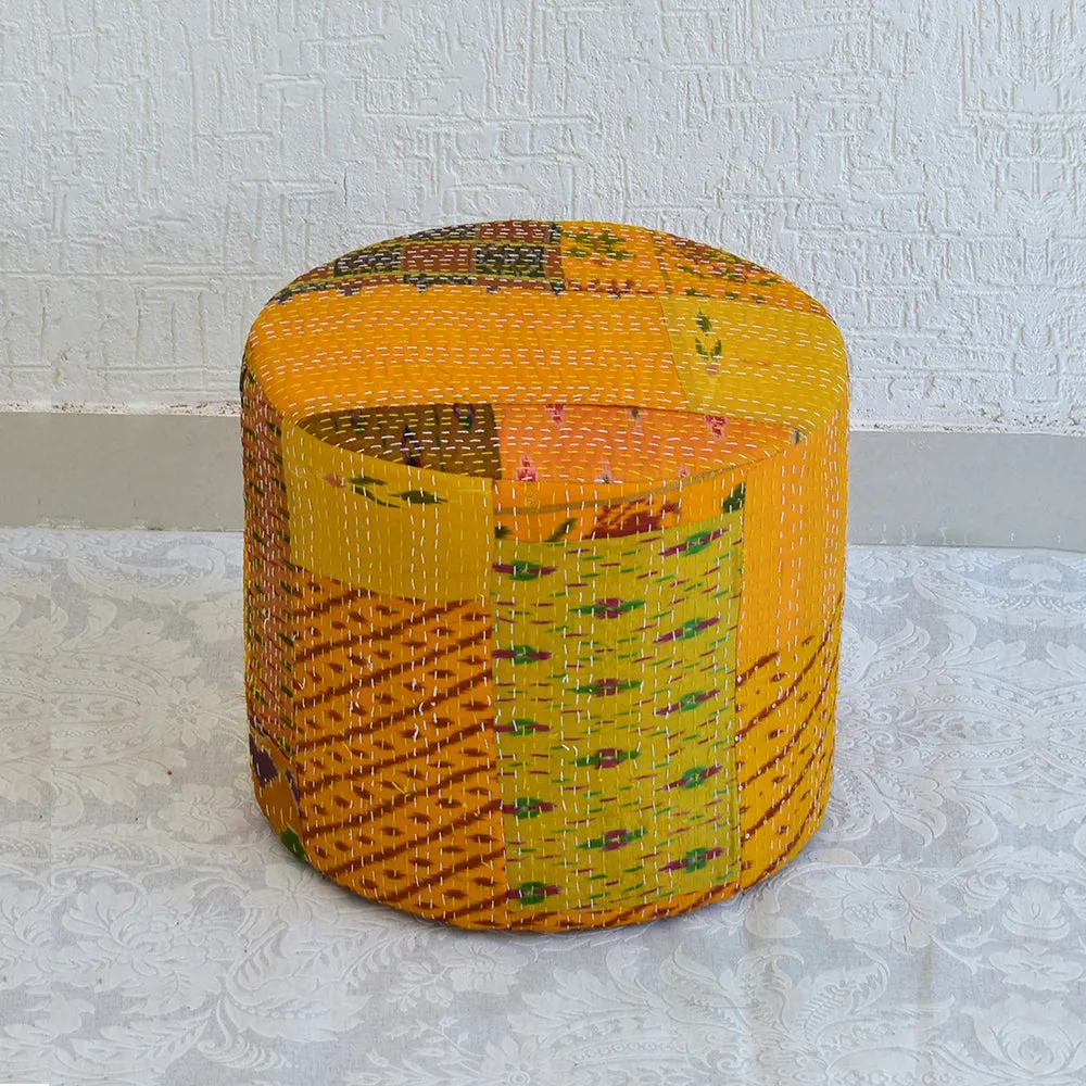 Yellow Kantha Gudri Patchwork Pouffe/Ottoman
