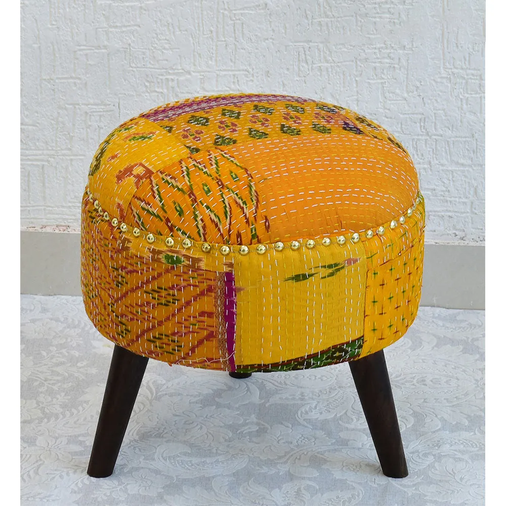 Yellow Kantha Gudri Patchwork Three Legged Stool/Pouffe/Ottoman Single Piece