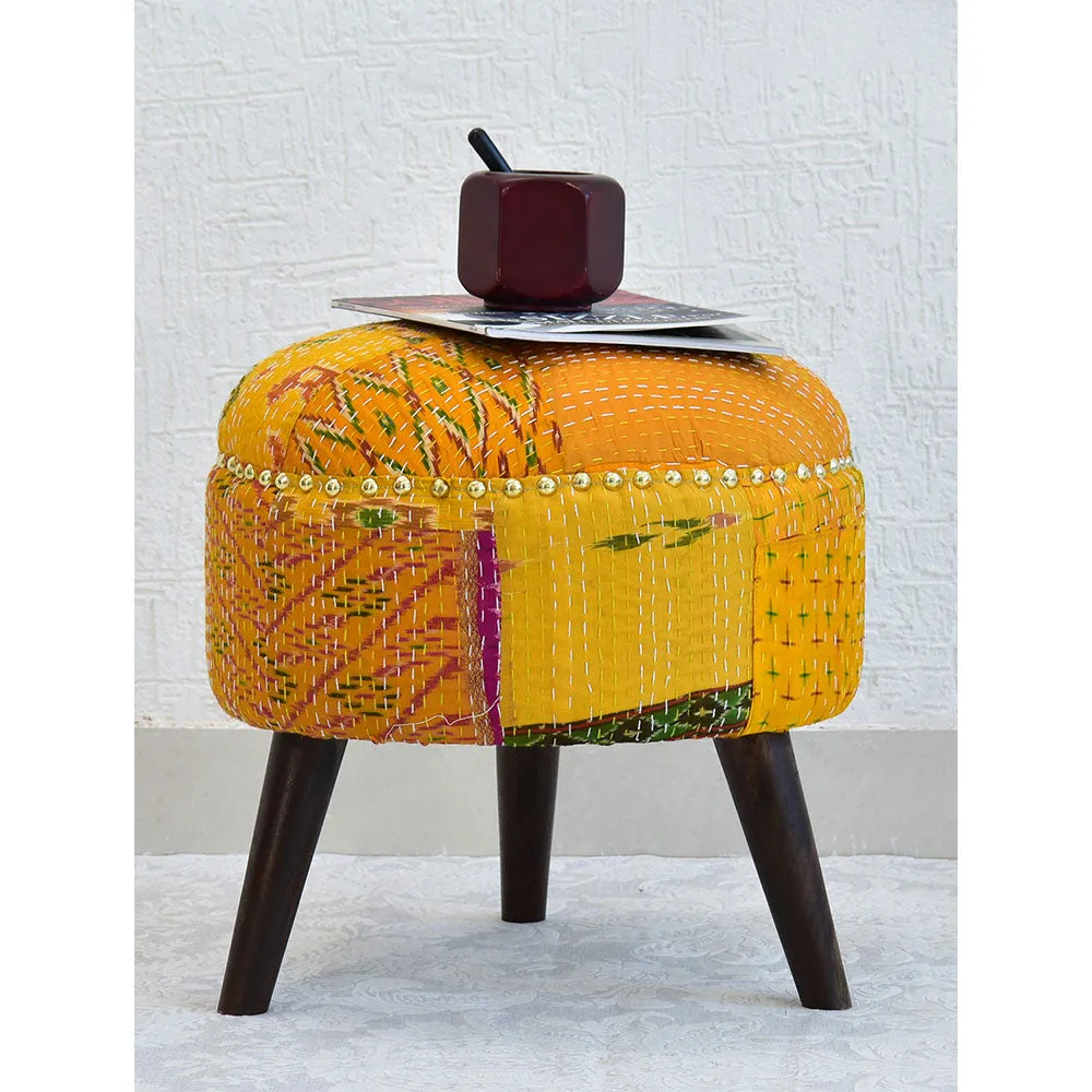 Yellow Kantha Gudri Patchwork Three Legged Stool/Pouffe/Ottoman Single Piece