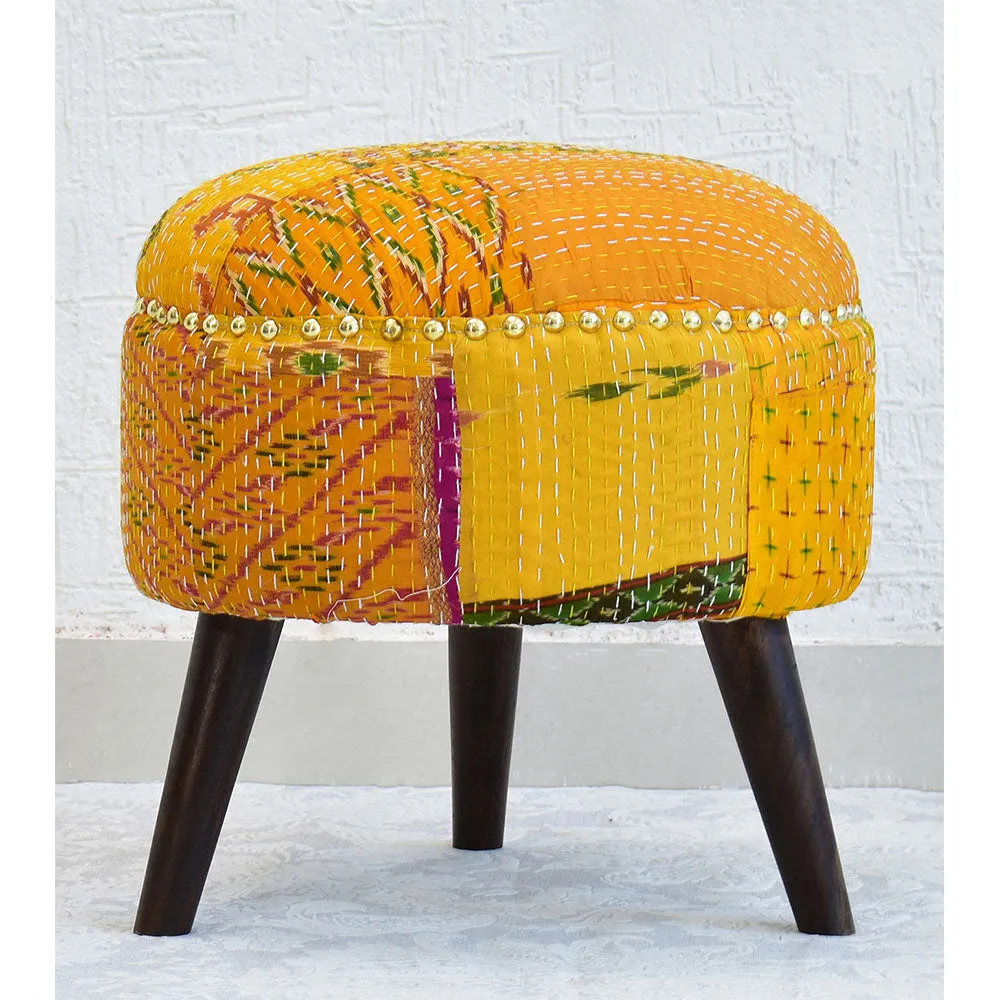Yellow Kantha Gudri Patchwork Three Legged Stool/Pouffe/Ottoman Single Piece