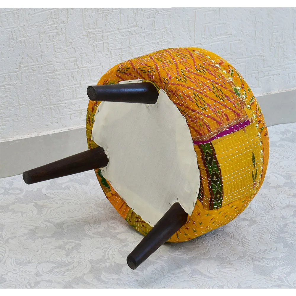 Yellow Kantha Gudri Patchwork Three Legged Stool/Pouffe/Ottoman Single Piece