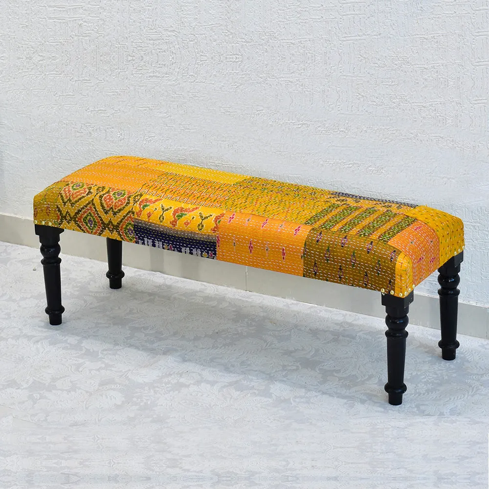 Yellow Kantha Gudri Patchwork Upholstery Multipurpose Bench