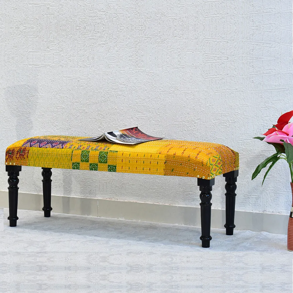 Yellow Kantha Gudri Patchwork Upholstery Multipurpose Bench