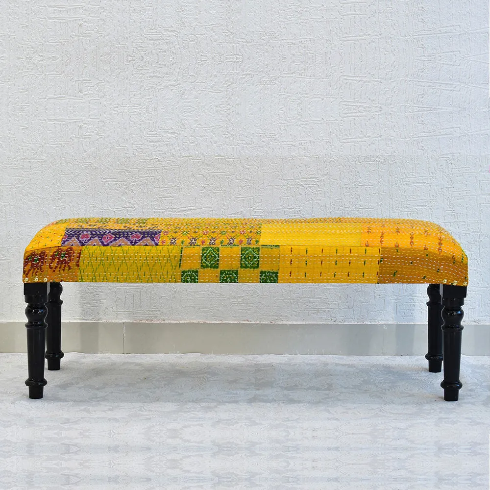 Yellow Kantha Gudri Patchwork Upholstery Multipurpose Bench