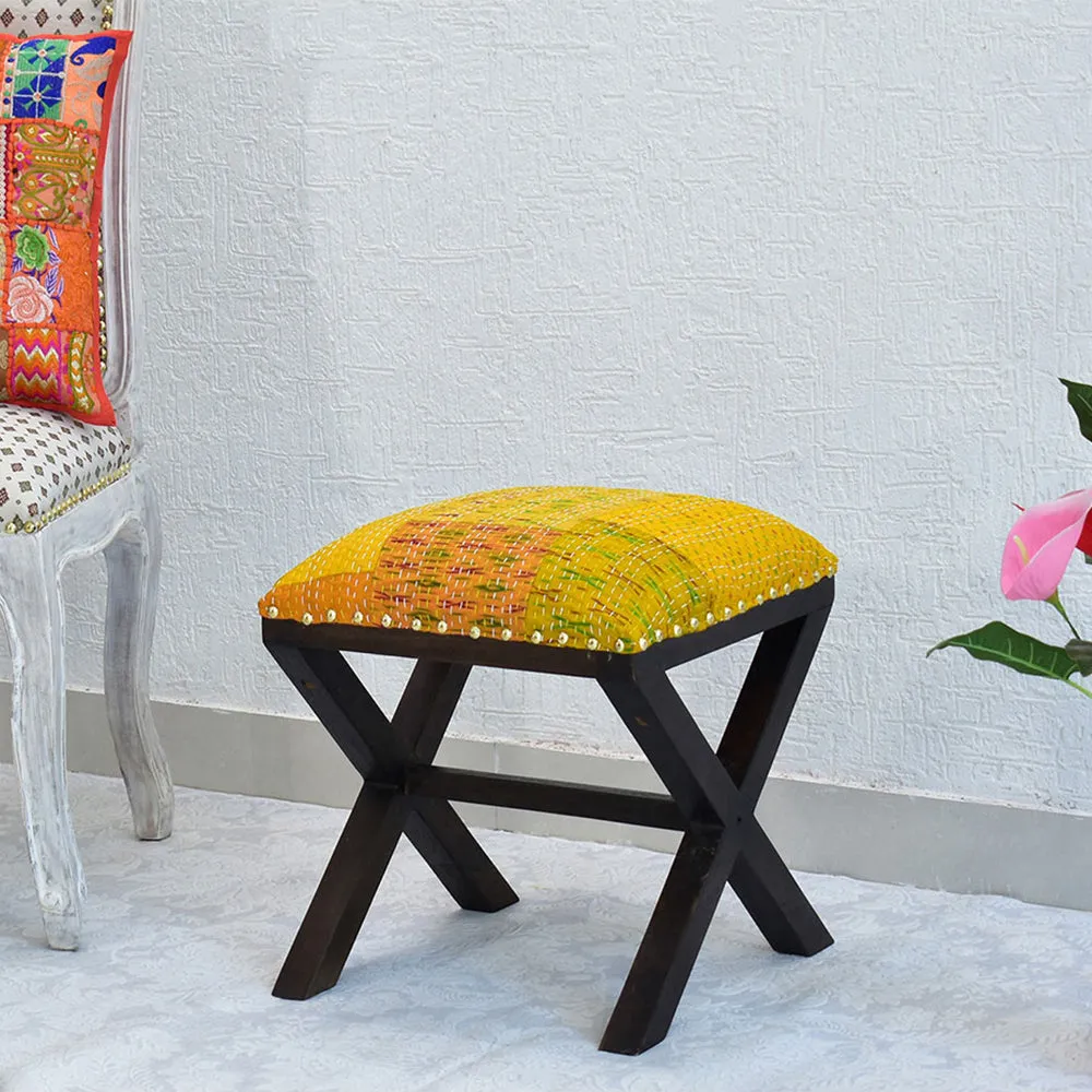 Yellow Kantha Gudri Patchwork X Shape Stool/Square Pouffe/Ottoman Single Piece