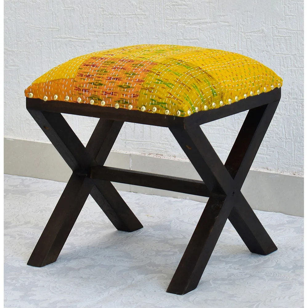 Yellow Kantha Gudri Patchwork X Shape Stool/Square Pouffe/Ottoman Single Piece