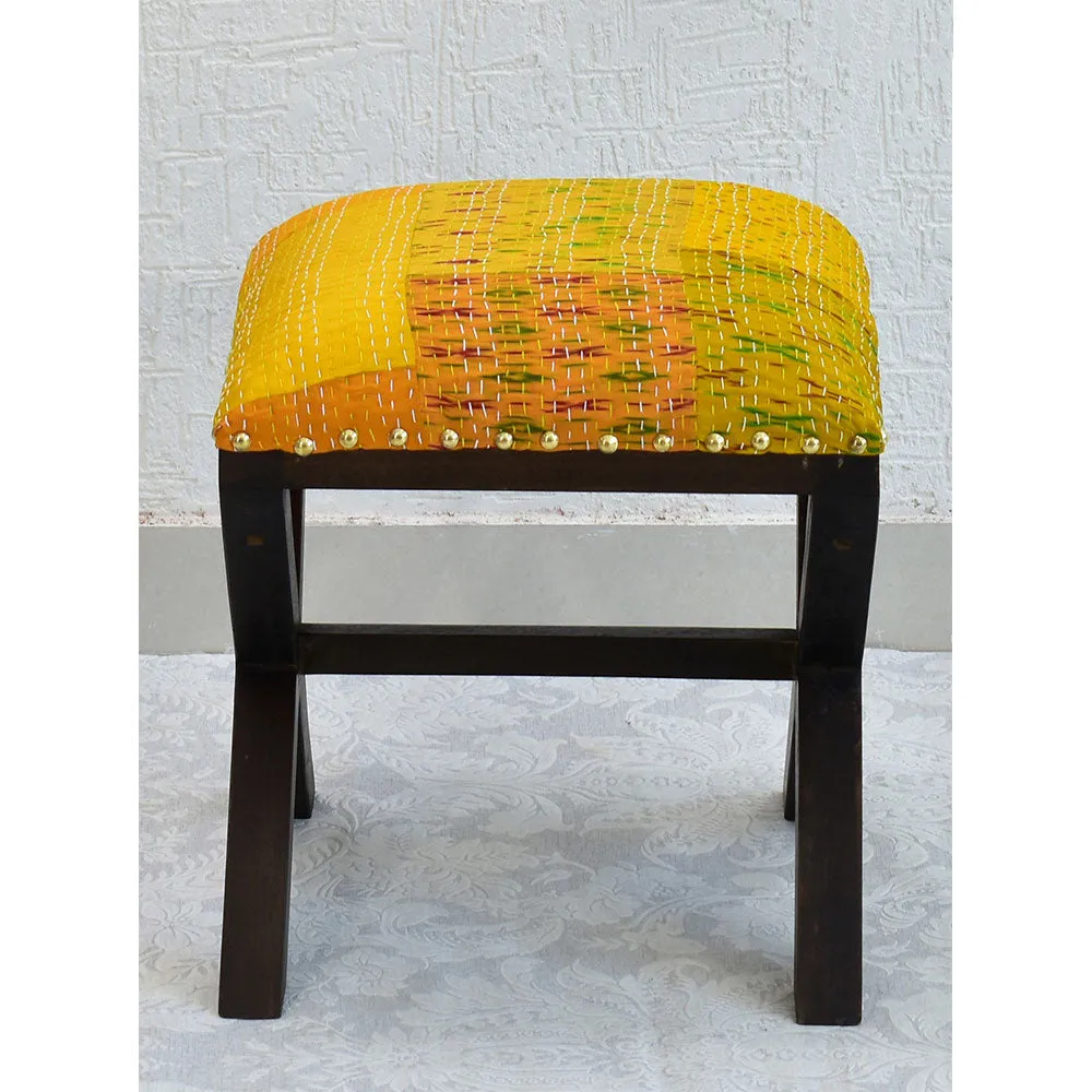 Yellow Kantha Gudri Patchwork X Shape Stool/Square Pouffe/Ottoman Single Piece