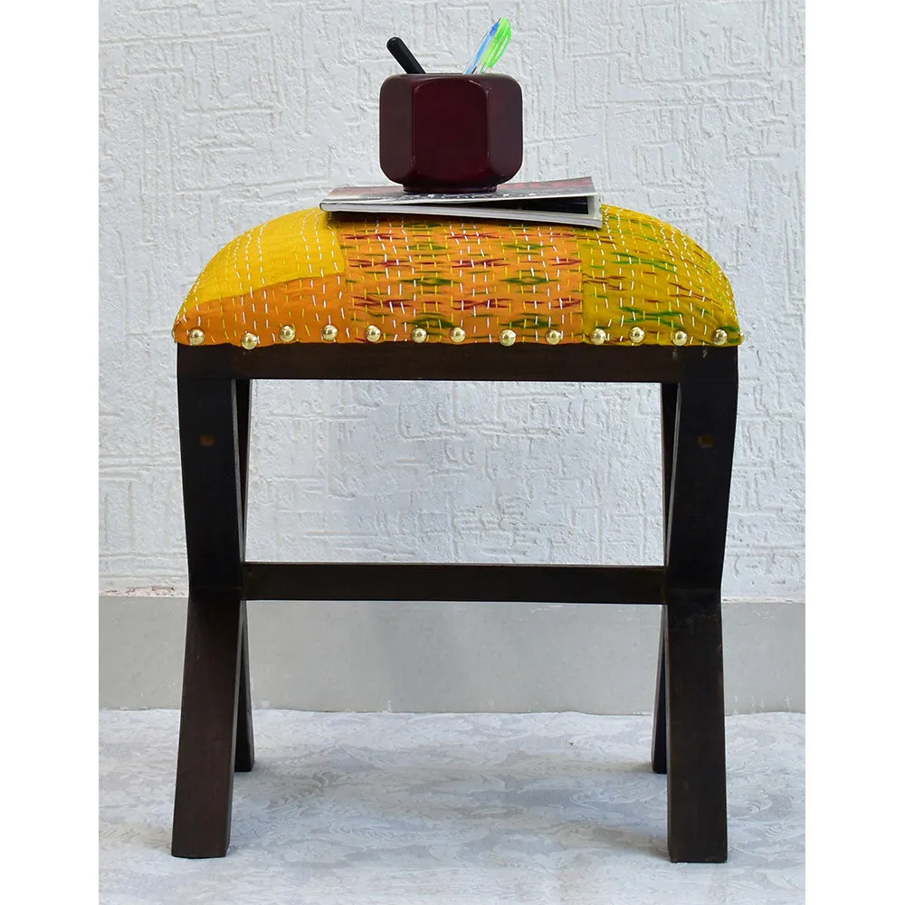 Yellow Kantha Gudri Patchwork X Shape Stool/Square Pouffe/Ottoman Single Piece