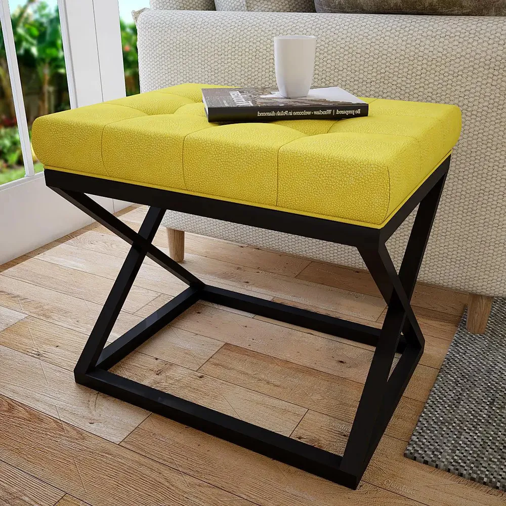 Yellow Leatherette Tufted Side Table with Cross Metal Stand