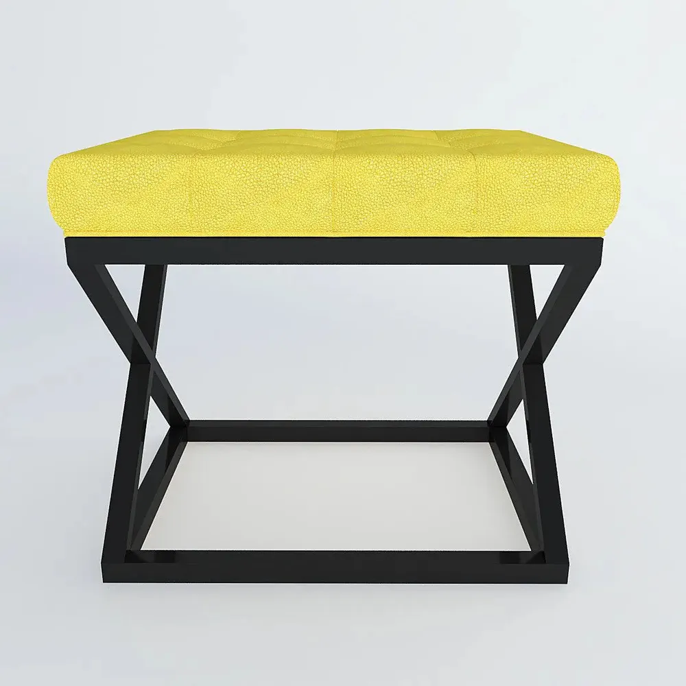 Yellow Leatherette Tufted Side Table with Cross Metal Stand