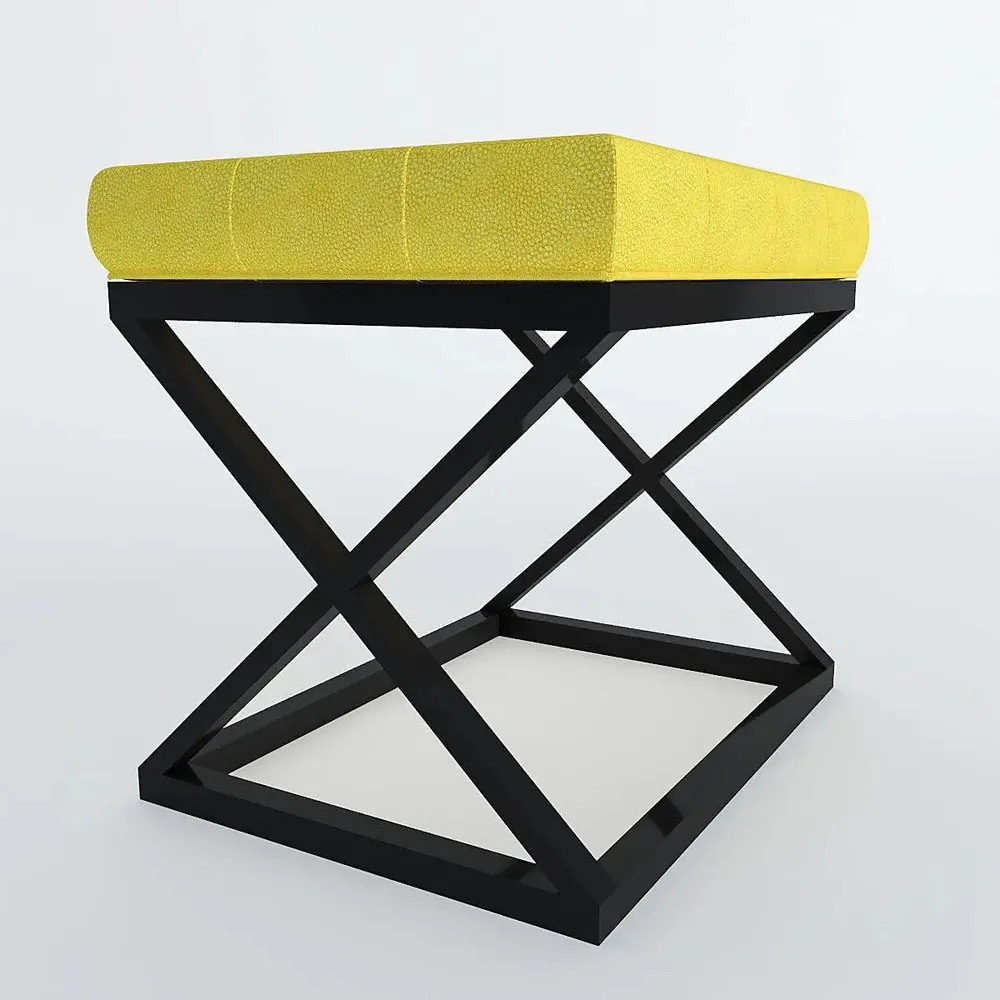 Yellow Leatherette Tufted Side Table with Cross Metal Stand