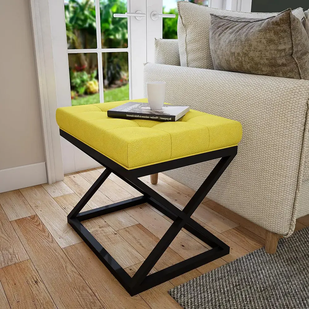 Yellow Leatherette Tufted Side Table with Cross Metal Stand