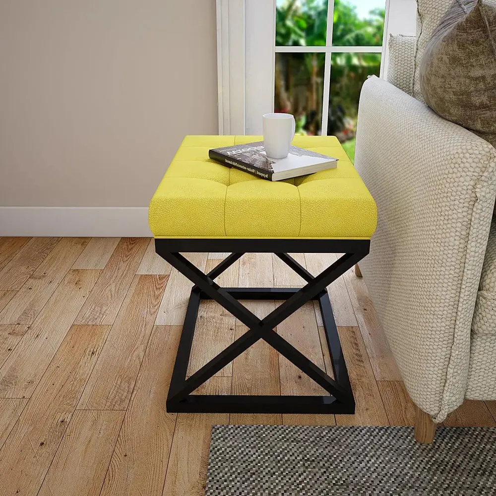 Yellow Leatherette Tufted Side Table with Cross Metal Stand