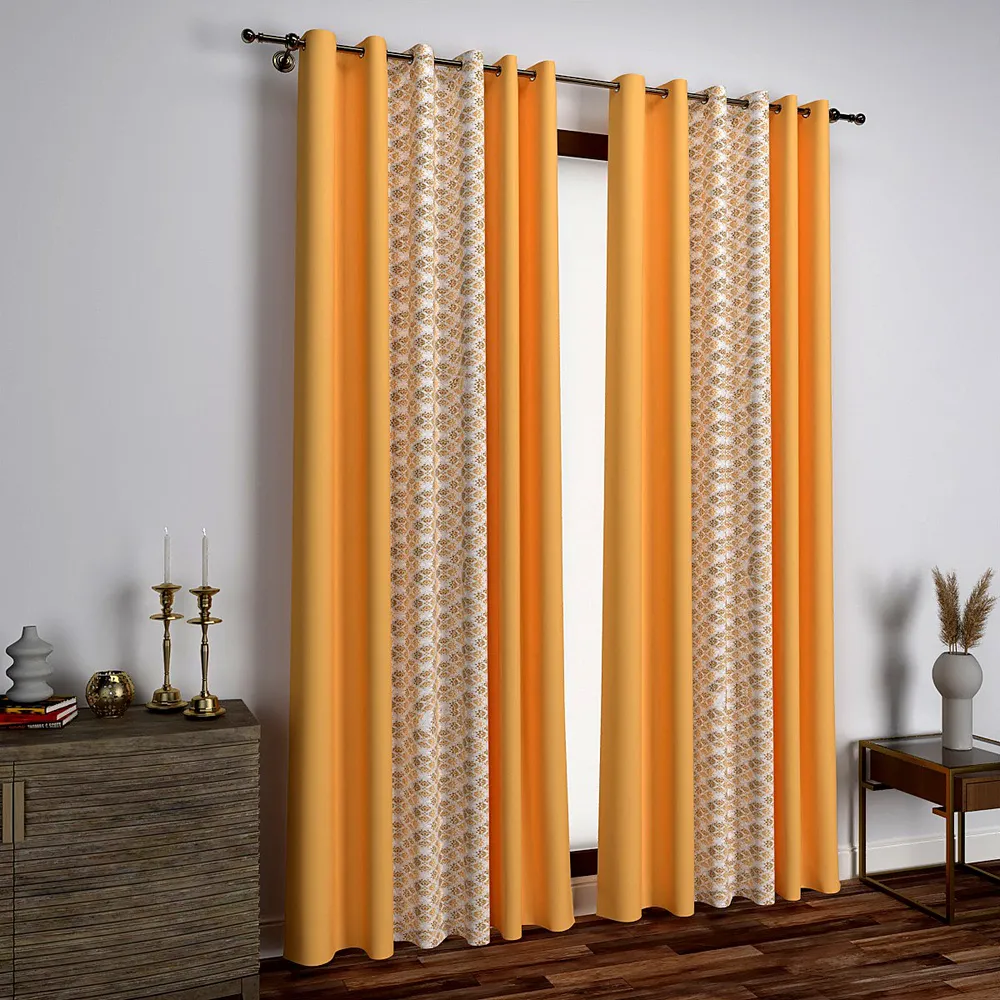 Yellow Motif Designer Layered Window Curtain