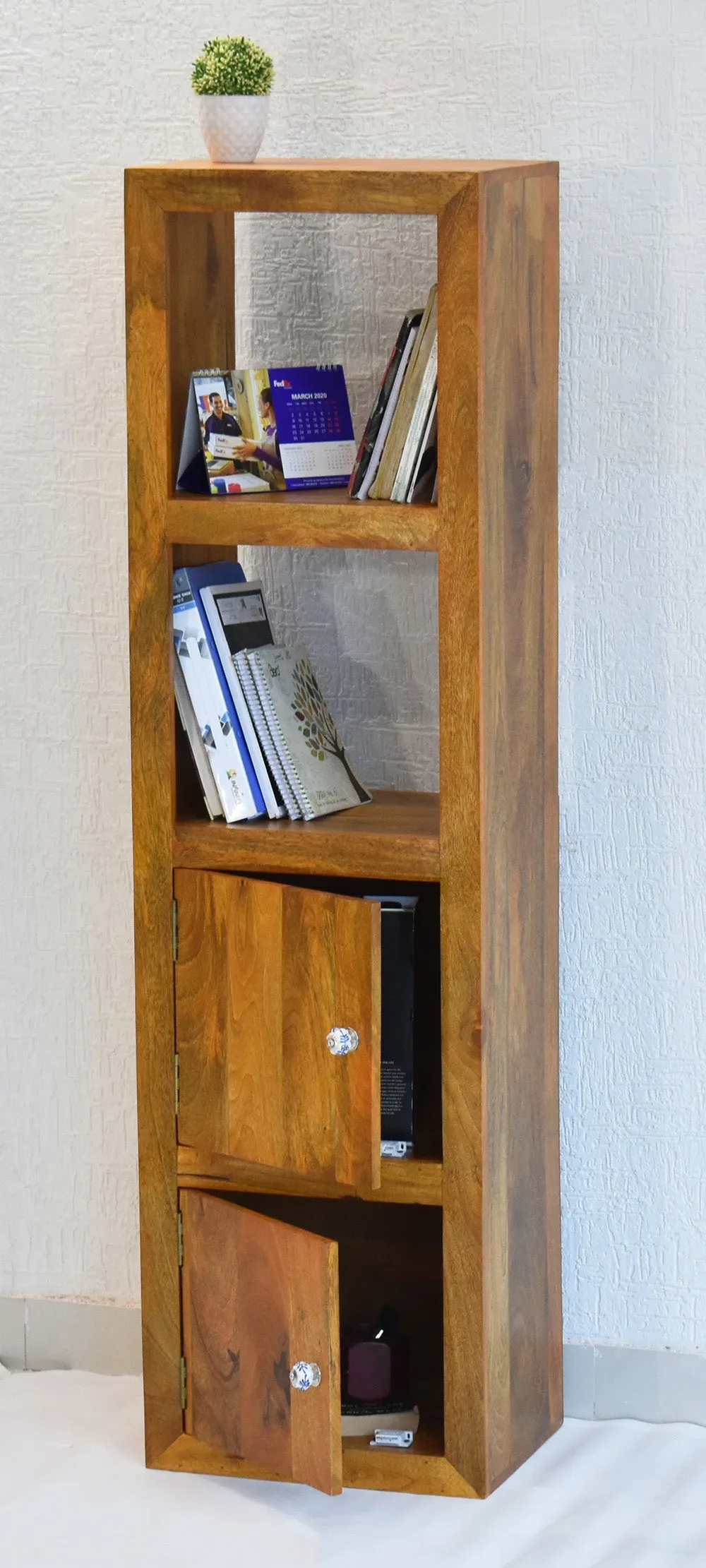 Yellow Natural Teak Wood Multipurpose Floor Bookshelf