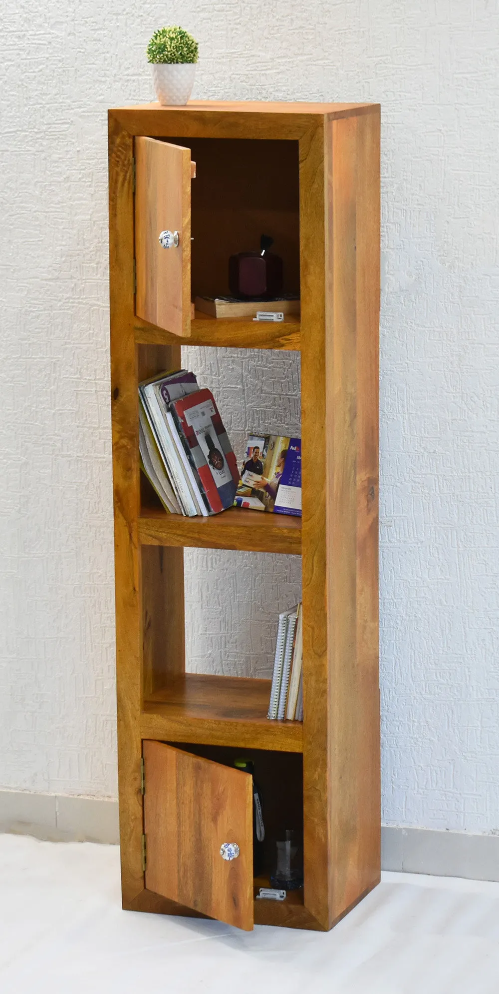 Yellow Natural Teak Wood Multipurpose Partially Closed Floor Bookshelf