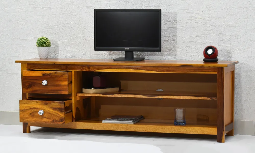 Yellow Natural Teak Wood Multipurpose TV Entertainment Unit/Cabinet
