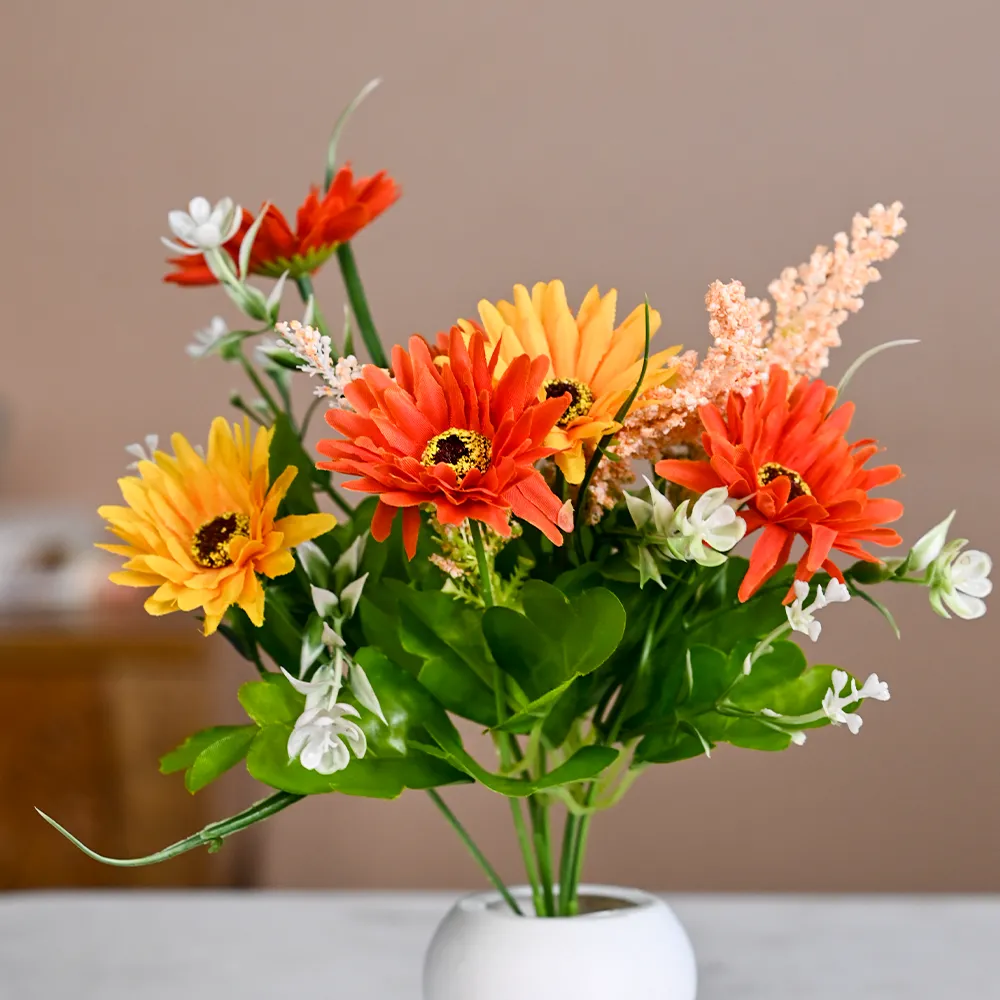 Yellow & Red Daisy Artificial Flowers With Pot Single Piece