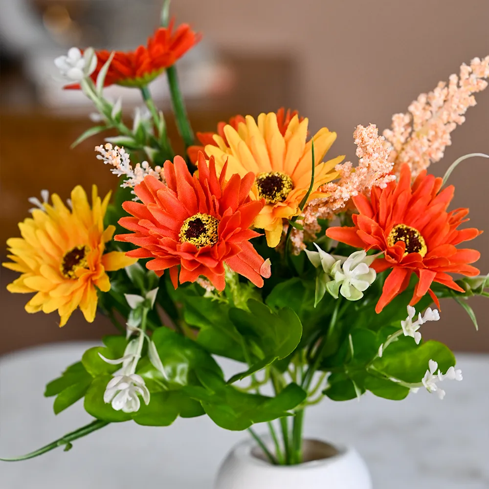 Yellow & Red Daisy Artificial Flowers With Pot Single Piece