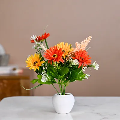 Yellow & Red Daisy Artificial Flowers With Pot