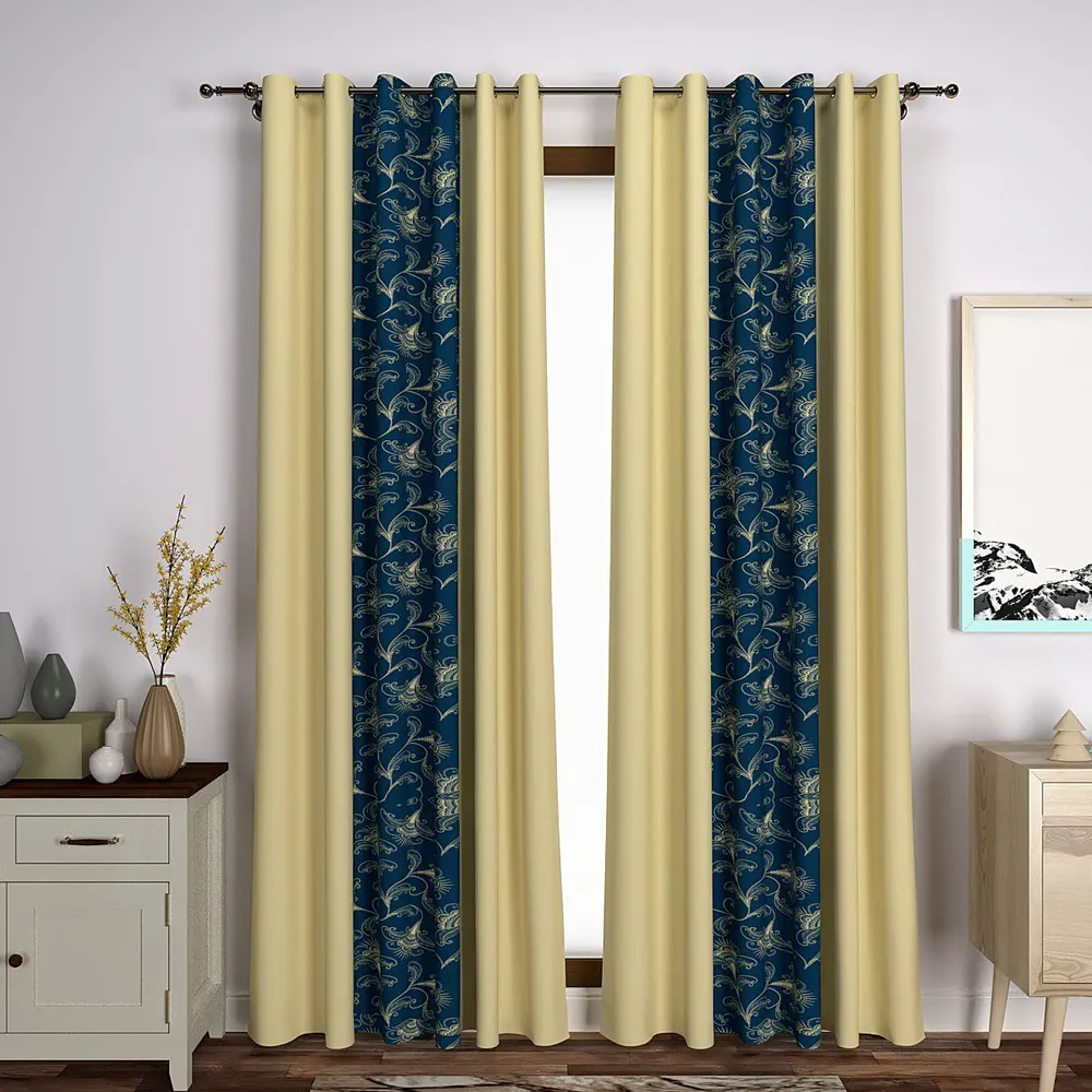 Yellow & Royal Blue Designer Layered Door Curtain Medium Single Piece (7ft)